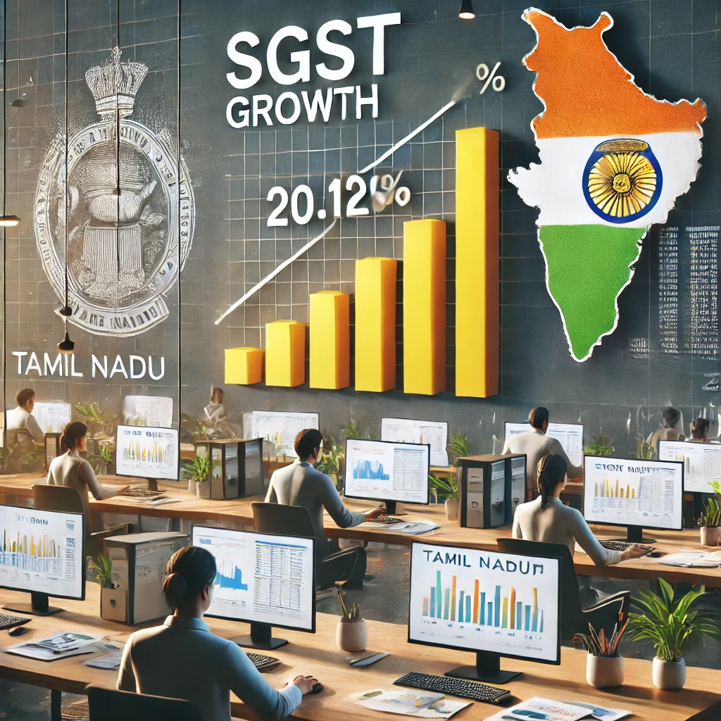 "Chart showing Tamil Nadu's 20.12% SGST growth in 2024-25 with a modern office setting and professionals analyzing tax data.